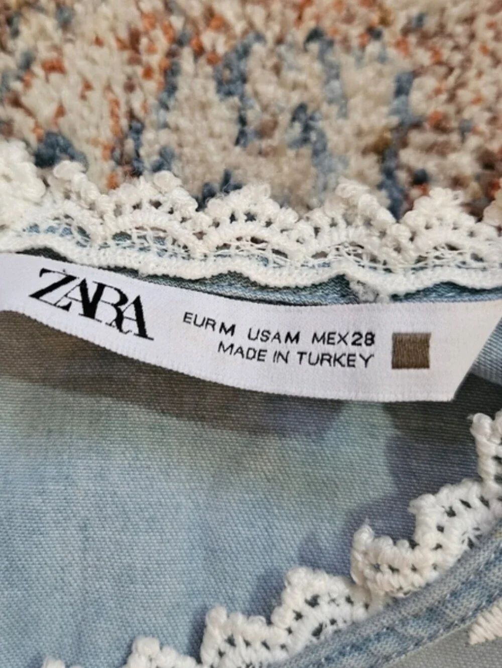 Zara Romantic Light Blue Cotton Blouse with White Embroidered Lace Yoke Medium